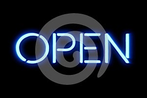 Flickering blinking blue neon sign on black background, open shop bar sign