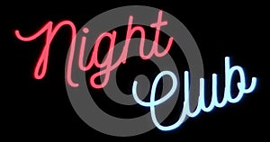 Flickering blinking red and blue neon sign on black background, adult show night club sign