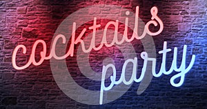 Flickering blinking red and blue neon sign on brick wall background, open cocktails party sign