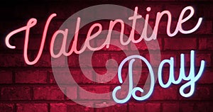 Flickering blinking red and blue neon sign on red love brick wall background with alpha channel matte, valentine day holiday