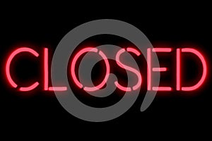 Flickering blinking red neon sign on black background, closed restaurant shop bar sign