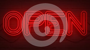 Flickering blinking red neon sign on brick wall background, open shop bar sign