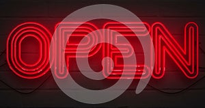 Flickering blinking red neon sign on brick wall background, open shop bar sign