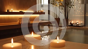 The flickering candles add a touch of warmth to the cool minimalist design of the room symbolizing the balance of fire