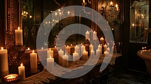 The flickering candles are reflected in ornate mirrors p strategically around the room adding depth and warmth to the photo