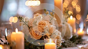 The flickering flames of the candles create a soft ambiance highlighting the delicate details of the elegant floral