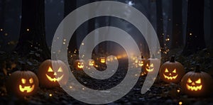 Flickering flames on pumpkins light the path through the trees with sparks, darkness, sparks