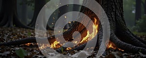 Flickering flames surround ancient oak tree trunks, wood, oak tree