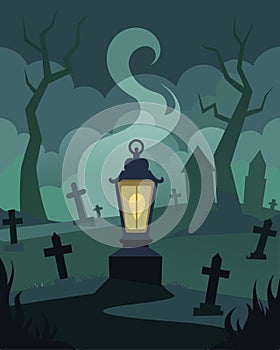 The flickering gaslight in the foggy cemetery gave the illusion of ghostly apparitions flitting a the graves.. Vector photo