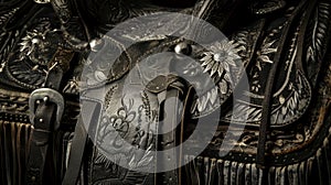 The flickering light of a lantern casts eerie shadows on a black leather saddle adorned with silver conchos and tassels. photo
