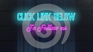 Flickering neon sign with arrows pointing towards website link with message to click on the link provided