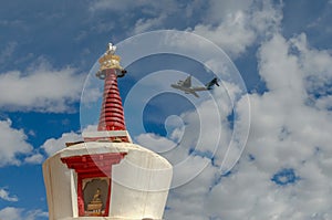 Flight above stupa in Spituk Monastery, Himalaya