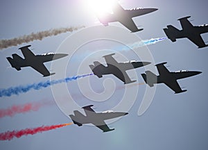 Flight of the aerobatic group Rus in the sky