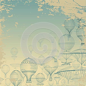 FLIGHT Aeronautics . Vintage hot air balloons floating in the sky. Grunge background. Monochrome in shades of blue. photo