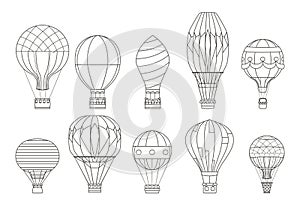Flight aerostat air balloon travel basket retro airship cartoon isolated on white icons set cartoon outline lineart