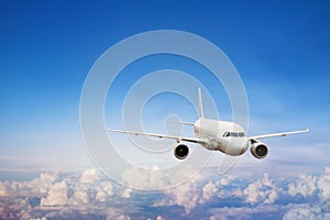 Flight, airplane flying in blue sky, travel background