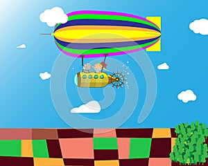 Flight of the airship in the sky above the fields. Creative illustration.