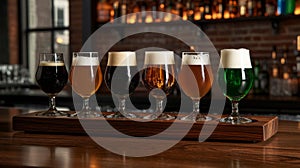 A Flight Of Assorted Beers In Tasting Glasses