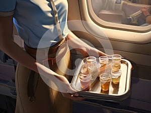 Flight Attendant Holding Tray of Drinks. Generative AI.