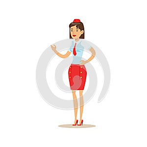 Flight Attendant In Red Uniform, Part Of Airport And Air Travel Related Scenes Series Of Vector Illustrations