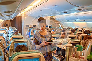 Flight attendant serve food and drinks