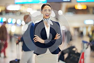 Flight attendant, woman and about us portrait of an airport company with airline worker happiness. Global travel