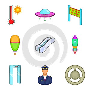 Flight aviation icons set, cartoon style