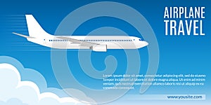 Flight banner. Airplane in the Sky. Trip or Travel by plane concept, poster for web design or business brochure. Vector
