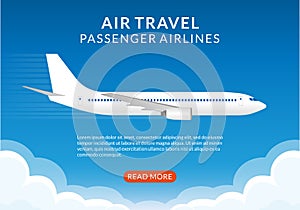Flight banner with plane. Airplane in the Sky. Air Travel by passenger airlines concept, poster for web design or business