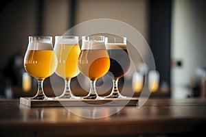 Flight of beer for tasting on a bar counter with a blurred background, generative AI