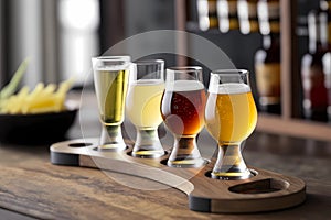 Flight of beer for tasting on a bar counter with a blurred background, generative AI