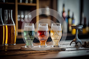 Flight of beer for tasting on a bar counter with a blurred background, generative AI