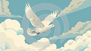 Flight of a bird with feathers. Soaring, gliding of a white pigeon. A symbol of peace, hope, love, and freedom. Flat