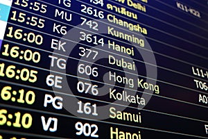 Flight board background of Changsha, Khunming, Hanoi, Dubai, Hon