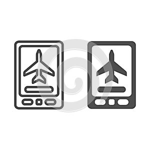 Flight booking in smartphone line and solid icon, airlines concept, mobile booking vector sign on white background