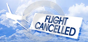 Flight cancelled concept image with airplane icon flying and towing a signboard against a cloudy sky