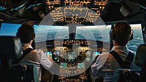 Flight Deck of modern passenger aircraft. Cockpit view in flight during the sunset. Aircraft Pilots at work.