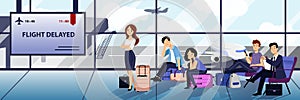 Flight delay or cancel. Vector flat cartoon illustration. Tired passengers waiting for departure at airport terminal