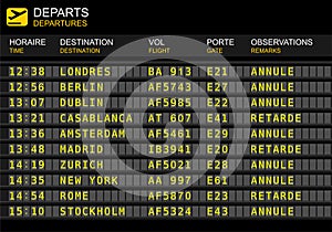 Flight departures board. French airport