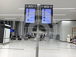 Flight Departures information board Bahrain Airport waiting room, schedule on electronic scoreboard, concept passenger traffic,