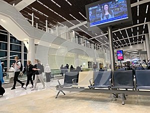 Flight Departures information board Bahrain Airport waiting room, schedule on electronic scoreboard, concept passenger traffic,