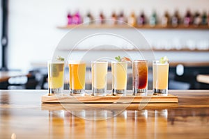 a flight of different flavored club sodas on a tasting board