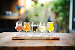 flight of different saison beers on wooden table photo