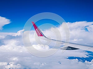 Flight Dortmund-Kyiv.July 2018. Flight Dortmund-Kyiv.Juliy 2018 . View from airplane window: wing of `wizzair` plane in cloudy sky