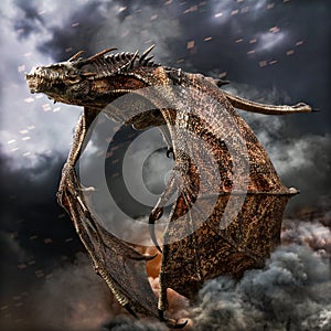 Flight of the dragon. Fast moving ferocious dragon leaving destruction in his wake.