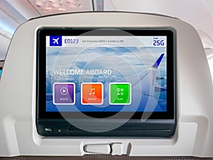 In-Flight Entertainment Screen, Inflight Screen, Seatback Screen in Airplane photo