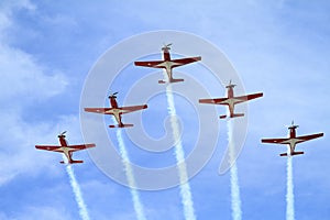 Flight of five jet planes - acrobatics on Airshow