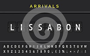 Flight flip board font displays airport departure destination in Europe Lissabon. Vector illustration photo
