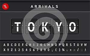 Flight flip board font displays airport departure destination in Japan Tokyo . Vector illustration