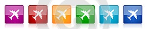 Flight icon set, plane, aircraf colorful square glossy vector illustrations in 6 options for web design and mobile applications